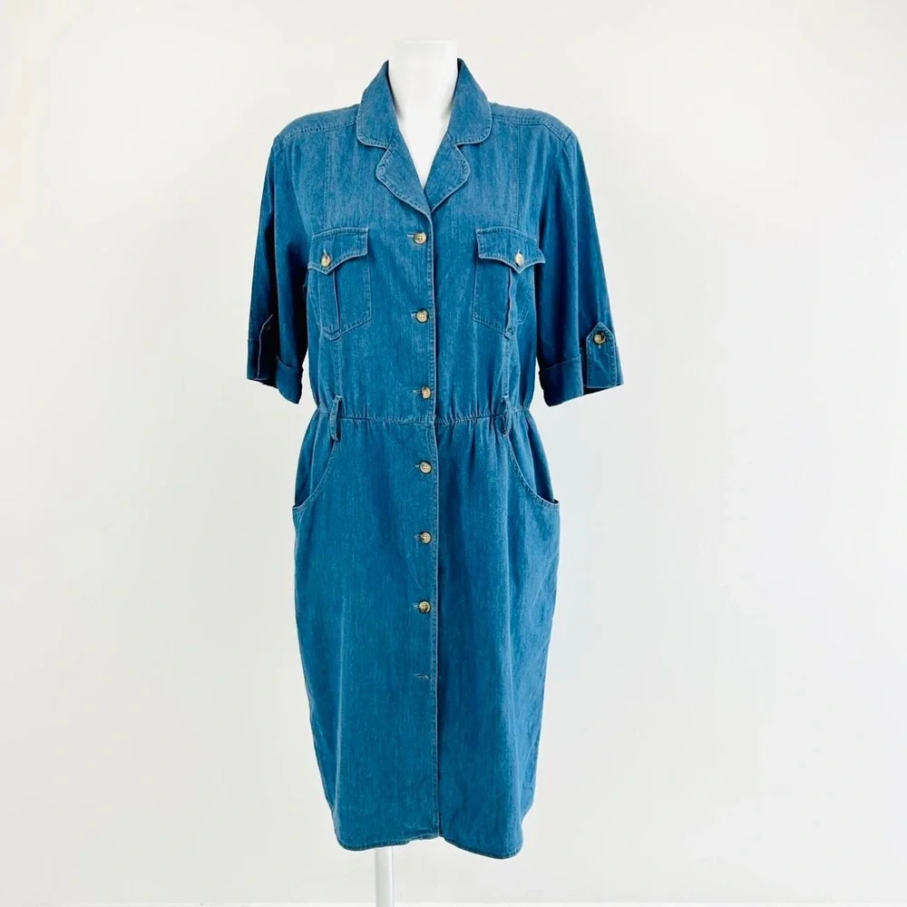 Vintage 80s 90s denim shirt dress UK 12 button up Knee length chambray cotton - Picture 5 of 7